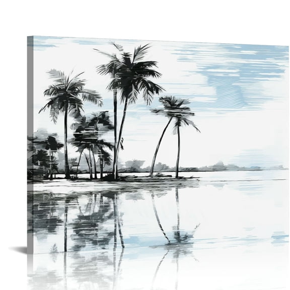 JRXY Blue Palm Tree Canvas Wall Art Decor Modern Abstract Tropical Botanical Leaves Painting Print for Living Room Bedroom Bathroom Navy Blue 16x12in