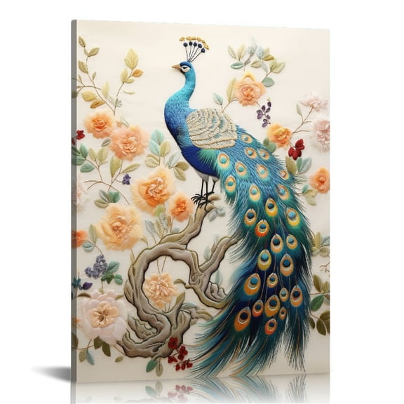JRXY Blue Peacock Picture Wall Decor Animal Canvas Wall Art Vintage Elegant Peacock Painting Print Modern Artwork Decor Frame 12x16 in