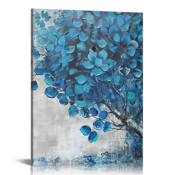 JRXY Blue Tree Wall Art Abstract Canvas Landscape Painting Textured Picture, Large Nature Scene Rustic Panoramic Print Artwork Framed for Living Room Bedroom Bathroom Office Home Decor 12x16 in