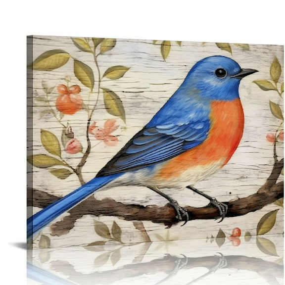 JRXY  Blue Watercolor Bird Canvas Wall Art Decor Adorable Birds on The Tree Framed Prints Pictures Modern Abstract Artwork for Bathroom Farmhouse Home Walls Decoration Gifts 20x16in