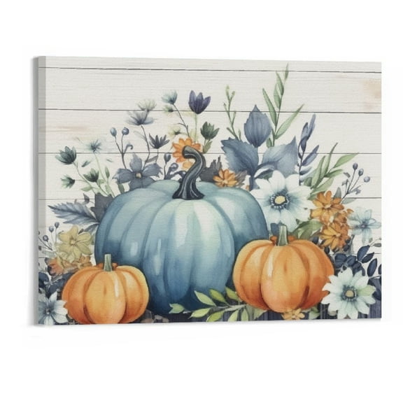 JRXY Blue White Pumpkin Wall Art for Living Room/Bedroom, Canvas Bathroom Decor Kitchen Office Framed Oil Painting Picture, Fall Thanksgiving Eucalyptus Leaves Flower 16x20 Inch 20x16in