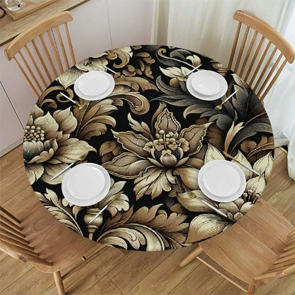 JRXY Boho Gold Lotus Flowers Print Round Tablecloth White