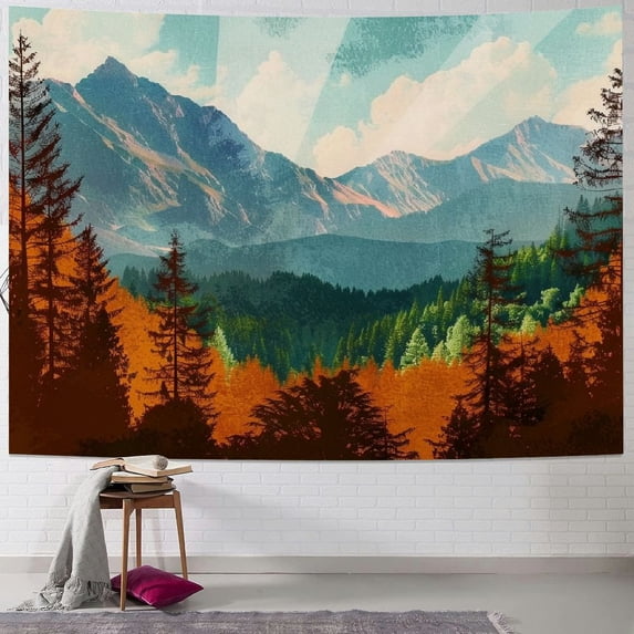 JRXY Boho Mountain Forest Nature Tree Trippy Hippie Tapestry Sunset Lake Wall Hanging for Bedroom Dorm Outdoor Beach Aesthetic Home Decor Vertical Painting