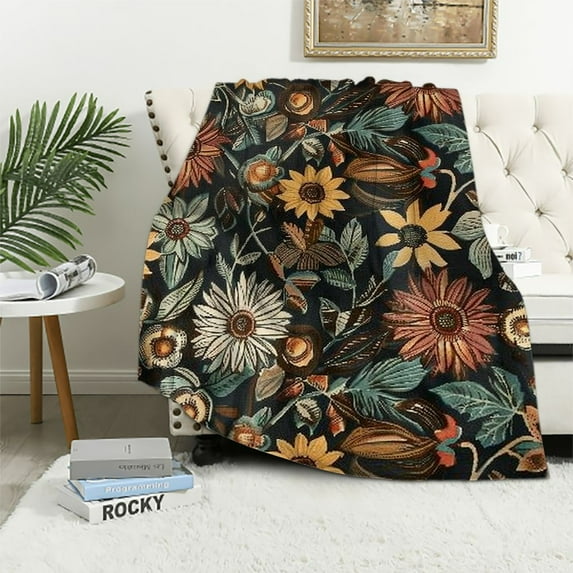 JRXY Boho Vintage Floral Print Blanket,Rustic Soft Flannel Lightweight Blanket,Brown/PeachPuff/Green Botanical Throw Blanket for Living Room Sofa Decor,Gifts Blanket for Women All Seasons White