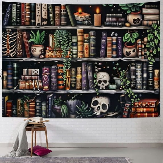 JRXY Bookshelf Tapestry Magical Book Tapestries Goth Skull Tapestry Vintage Botanical Tapestry Black Cat Wall Tapestry Hanging for Bedroom Home Decor  Painting