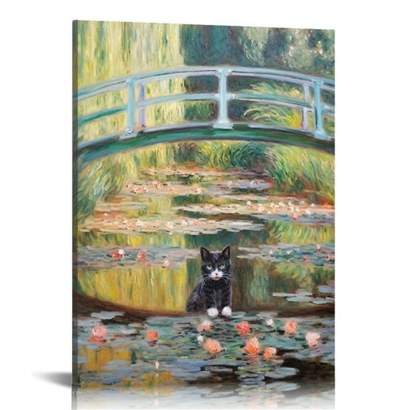 JRXY Bridge over a Pond of Water Lilies with Black Cat Funny Art by - Canvas Wall Art Framed Print - Various pattern2