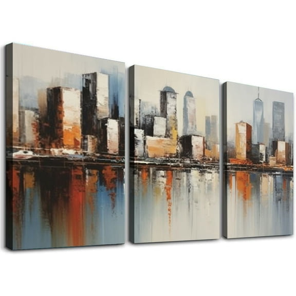JRXY  Brooklyn Bridge Wall Art Modern New York City Abstract Canvas Cityscape Painting Large Size Framed, Colorful NYC Skyline Textured Picture for Home Wall Decor 12''x16''X3 Panels 12x16x3pcs