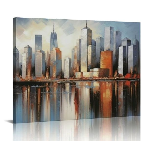 JRXY Brooklyn Bridge Wall Art Modern New York City Abstract Canvas Cityscape Painting Large Size Framed, Colorful NYC Skyline Textured Picture for Living Room Bedroom Home Office Wall Decor 16x12in