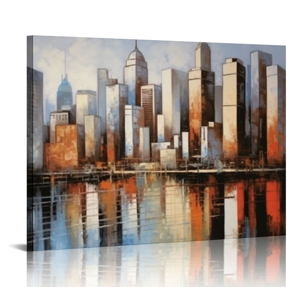 JRXY Brooklyn Bridge Wall Art Modern New York City Abstract Canvas Cityscape Painting Large Size Framed, Colorful NYC Skyline Textured Picture for Living Room Bedroom Home Wall Decor 20x16in