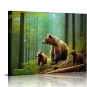 JRXY Brown Bear Wall Art for Kids Room, Cute Animal Canvas Painting of Mother and Cub in Old-Growth Forest Picture, Adorable Family Wildlife Decor Waterproof, Ready to Hang 16x12in