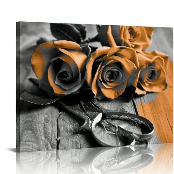 JRXY Burnt Orange Wall Decor Rose Flower Pictures Canvas Print for Living Room Orange Bathroom Bedroom Kitchen Art Black and White Floral Posters Modern Artworks Dinner Room Home Decorations 20x16in