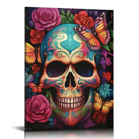JRXY Butterfly Floral Skull Canvas Wall Art Flowers Painting Art Dia De Los Muertos Decor For Bathroom Living Room Office Day Of The Dead Wall Decor 16x20 in