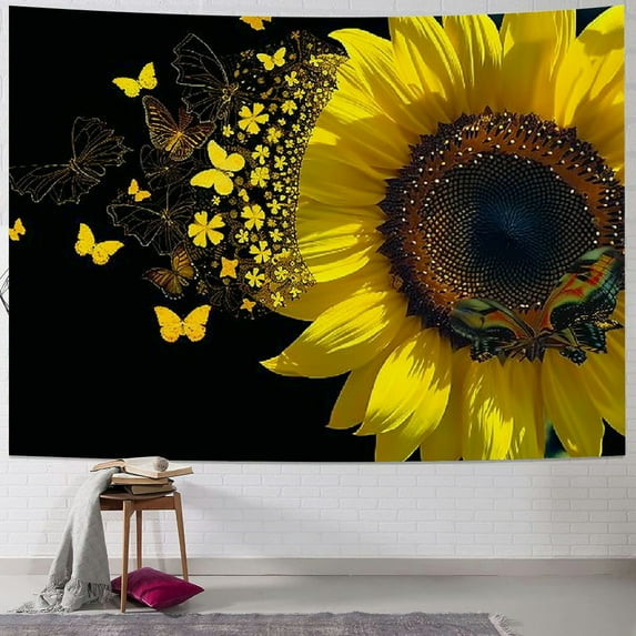 JRXY Butterfly Sunflower Tapestry Yellow Floral Botanical Plant Blooming Flower Black Background Rustic Farmhouse Tapestry Wall Hanging for Bedroom Living Room Dorm Wall Art Home Decor 60x50inch