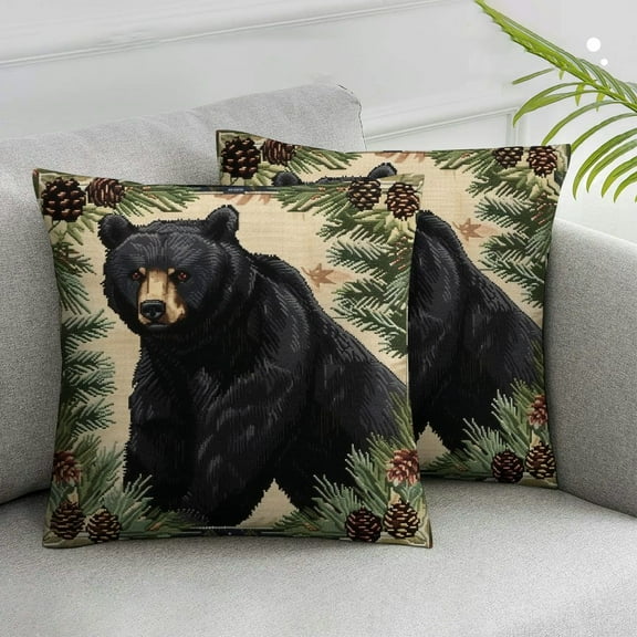 JRXY Cabin Throw Pillow Cover Bear Pine Tree Vintage Country Rustic Black Decorative Pack of 2 Zipper Cushion Cozy Bedding Soft Living Room Indoor Porch Dorm Home Pillow case White