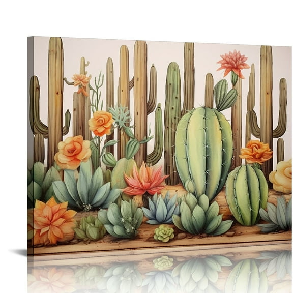 JRXY Cactus Canvas Wall Art, Green Succulent Cacti and Flowers on Wooden Background Poster Painting Saguaro Cactus Picture Print for Living Room Kitchen Decor 20x16in