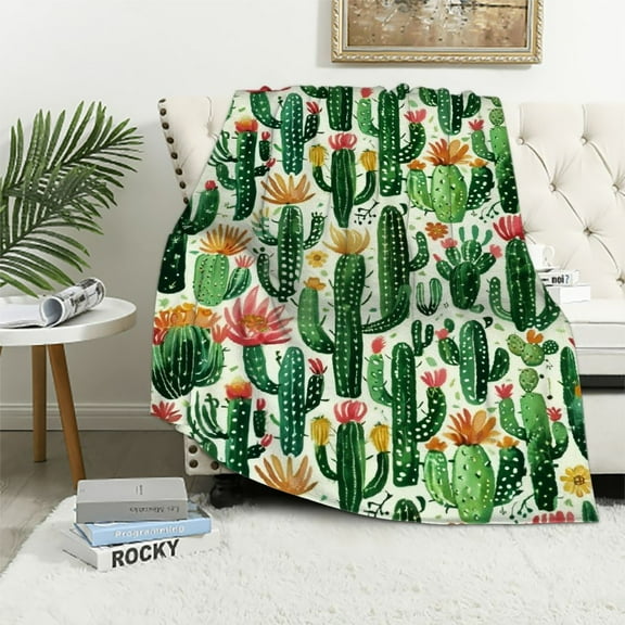 JRXY Cactus Fuzzy Blanket Boho Succulent Flannel Throw Blanket for Sofa Couch Decor Green Plants All Season Bed Blanket Utra Soft Thorny Plants Plush Blanket Bedroom Cartoon White