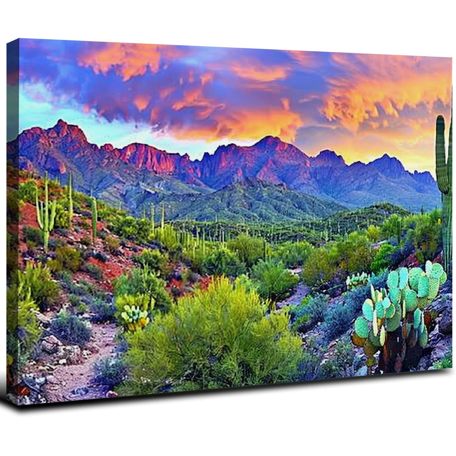 JRXY Cactus Landscape Wall Art Colorful Sunset with Saguaros in Desert ...
