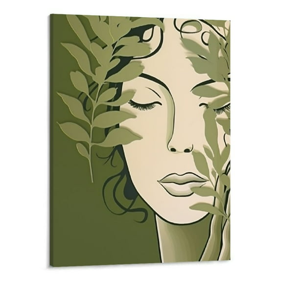 JRXY Canvas Framed Wood Boho Wall Art Woman Botanical Line Art Abstract Green Wall Art 16x20 Sage Wall Decor Prints for Bathroom Bedroom Plant Neutral Wall Decor 16x20in