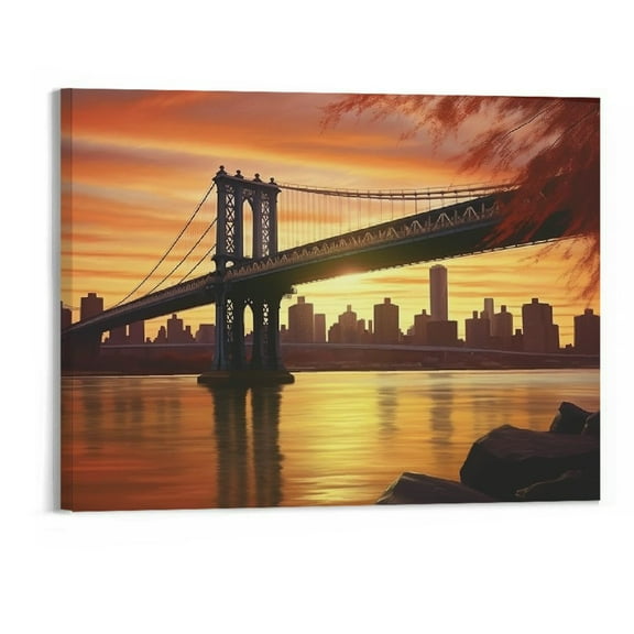 JRXY Canvas Painting Fall Decor Construction Bridge Maple Leaf Wall Art Picture 20x16inch 20x16in