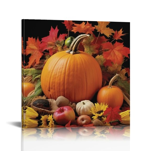 JRXY Canvas Print Wall Art Autumn Leaves Happy Thanksgiving Pumpkin Yellow Fall Themed Painting Contemporary Artwork 16x16in 12x12 in