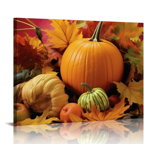 JRXY Canvas Print Wall Art Autumn Leaves Happy Thanksgiving Pumpkin Yellow Fall Themed Picture Painting 20x16in