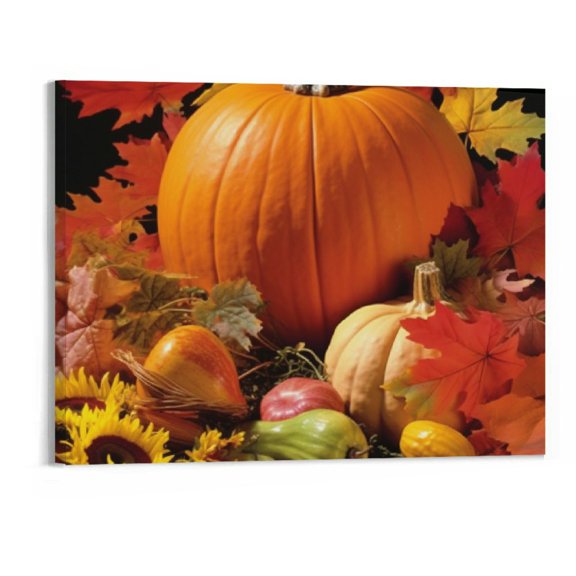 JRXY Canvas Print Wall Art Autumn Leaves Happy Thanksgiving Pumpkin Yellow Fall Themed Picture Painting Contemporary Artwork Stretched and Framed - 16x20 Inch 20x16in