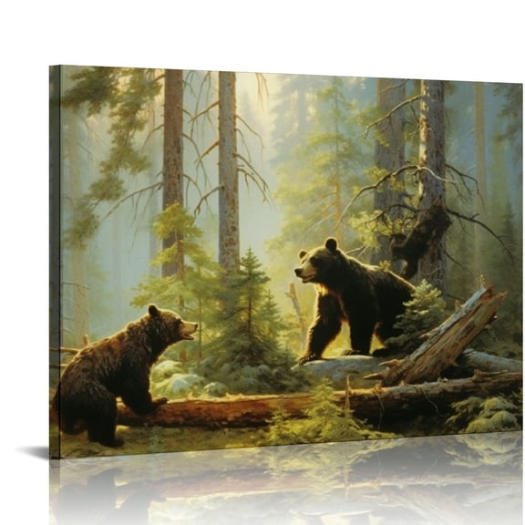 JRXY Canvas Print Wall Art Black Bears in The Spring Forest Nature Wilderness Illustrations Modern Art Rustic Scenic Colorful Multicolor for Living Room, Bedroom, Office 16x12in