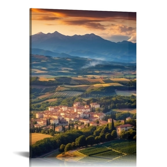 JRXY Canvas Print Wall Art Cloudy Italian Country Village Sunset Nature Wilderness Photography Realism Rustic Landscape Colorful Cool for Living Room, Bedroom, Office 12x16 in