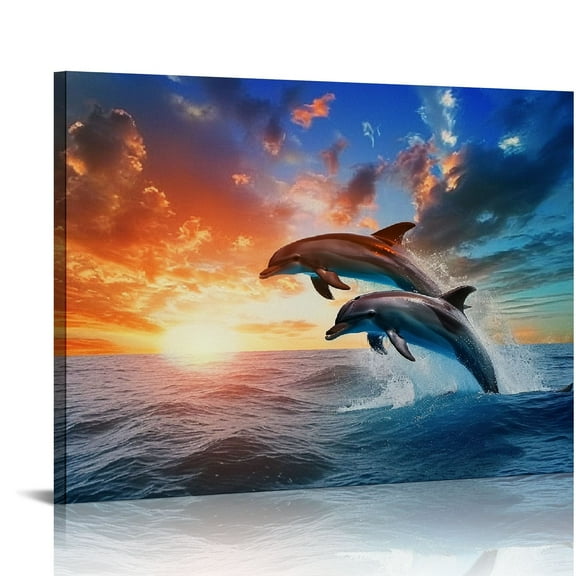 JRXY  Canvas Print Wall Art Dolphin Duo with Sunset Ocean Horizon Nature Wilderness Photography Modern Art Rustic Scenic Colorful Multicolor for Living Room, Bedroom, Office 20x16in
