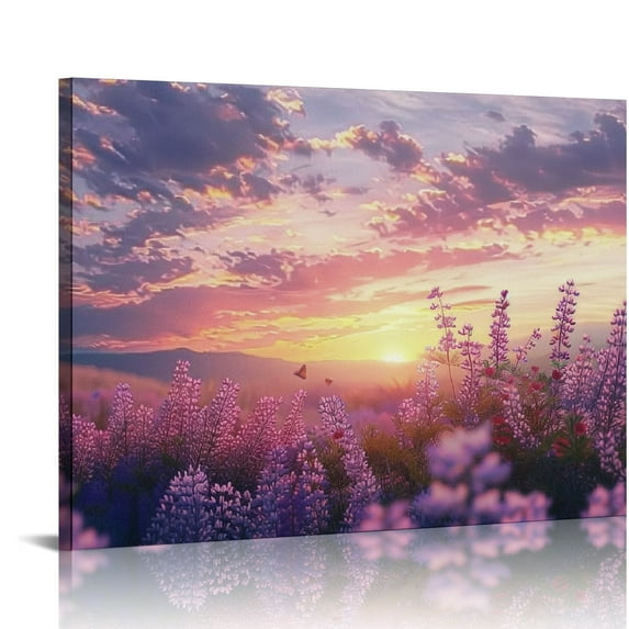 JRXY Canvas Print Wall Art Lavender Flowers with Purple Mountain Range, Floral Plants Photography Modern Art Rustic Landscape Multicolor for Living Room, Bedroom, Office, abstract, Decor 20x16in