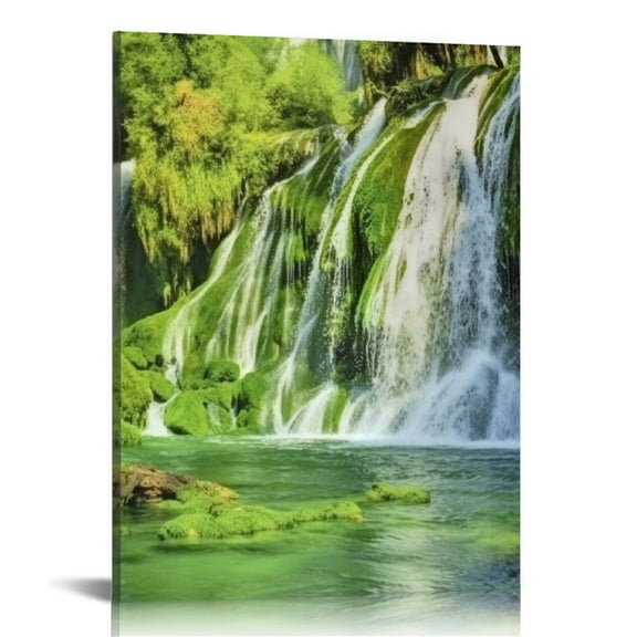 JRXY Canvas Print Wall Art Vibrant Green Jungle Forest Waterfall Nature Wilderness Photography Realism Decorative Landscape Relax/Calm Zen Multicolor for Living Room, Bedroom, Office Picture 1