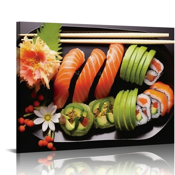 JRXY Canvas Prints Wall Art Assorted Japanese Sushi on a Black Plate Modern Wall Decor Home Decoration Stretched Gallery Canvas Wrap Giclee Print Ready to Hang 16x12in
