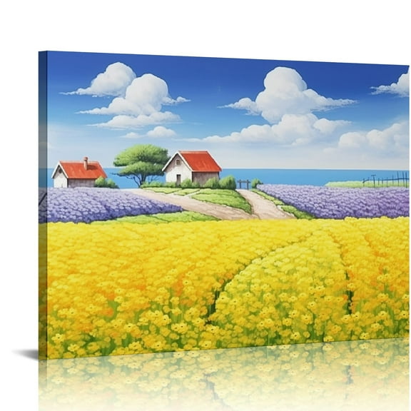 JRXY Canvas Prints Wall Art-Extra Long 20x16 Inch Flower Field Oil Painting Picture Wall Decor, Colorful Nature Scenery Giclee Artwork Home Decoration for Living Room and Bedroom 20x16in
