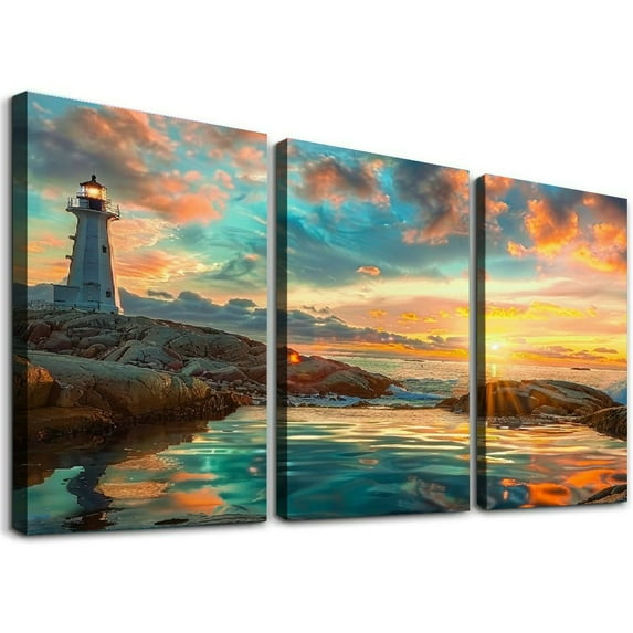 JRXY Canvas Prints Wall Art Peggy's Cove Lighthouse Sunset Ocean View Landscape Nature Pictures Stretched Canvas Framed for Living Room Bedroom and Office Wall Decor,3 pcs 12x16x3pcs