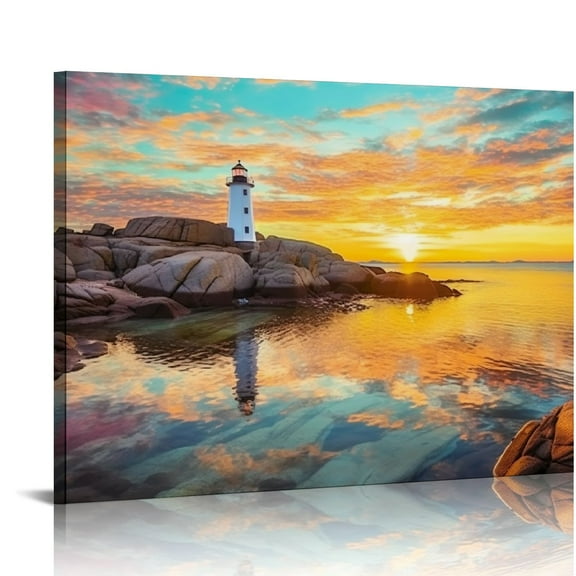 JRXY  Canvas Prints Wall Art Peggy's Cove Lighthouse Sunset Ocean View Landscape Nature Pictures Stretched Canvas Wooden Framed for Living Room Bedroom and Office Wall Decor picture1