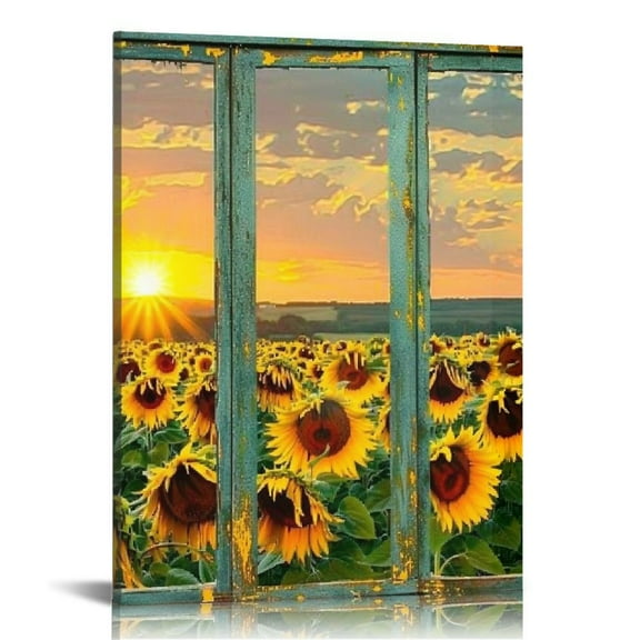 JRXY Canvas Prints Wall Art Vintage Teal Window Looking Out Into Sunflower Pictures Warm Color Sunrise in The Field Landscape Painting Print Art Work for Living Room Decor 16x20 in