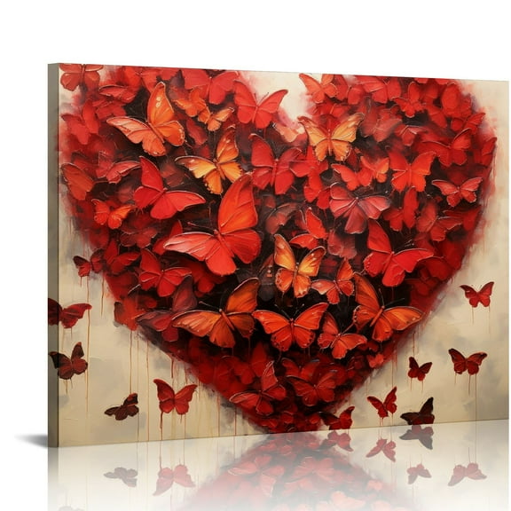 JRXY Canvas Wall Art Butterfly Love Red Heart Painting Abstract Romantic Grey Artwork Stretched and Framed Ready to Hang for Home Bedroom Decoration 16x12in