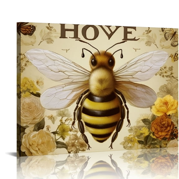 JRXY  Canvas Wall Art Decor Honey Bee Flowers Artwork Canvas Prints for Living Room, Bedroom, Kitchen, Office Stretched and Framed Ready to Hang  16x12in