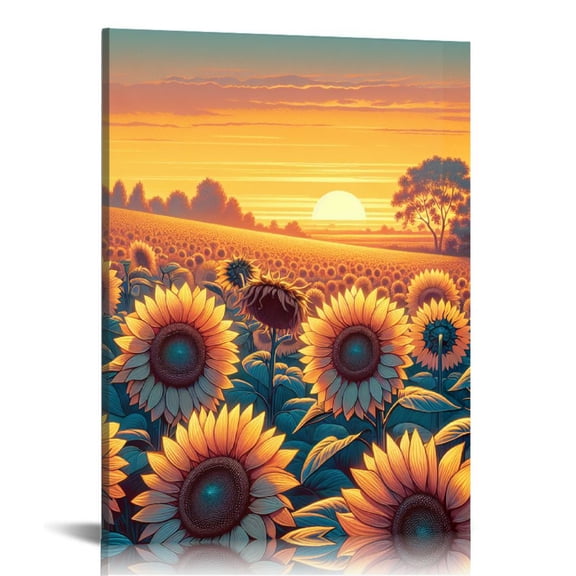JRXY  Canvas Wall Art Field of Blooming Sunflowers Posters Prints Sunset Landscape Pictures Modern Home Decor Stretched and Framed Ready to Hang  12x16 in