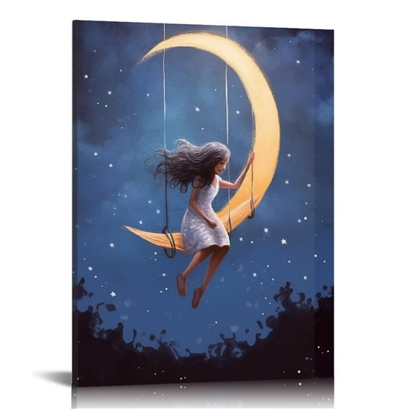 JRXY  - Canvas Wall Art - Girl on The Swing Against a Moon - Gallery Wrap Modern Home Art | Ready to Hang 12x16 in
