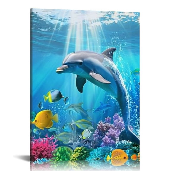 JRXY Canvas Wall Art for Living Room- family Bedroom Canvas Pictures Artwork Bathroom Wall Decor- Coral and Sea Fish and Turtles Ocean Theme Stretched and Framed Ready to Hang