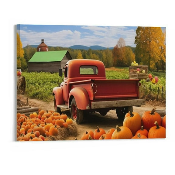 JRXY Canvas Wall Art Oil Painting Fall Truck Pumpkin Maple Tree Thanksgiving Picture Prints Framed 20x16in