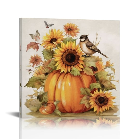 JRXY Canvas Wall Art Oil Painting Pumpkin Harvest Thanksgiving Maple Leaf Picture Prints Fall Bird Farm Berry Artwork for Living Room Bedroom Bathroom Home Wall Decor 20x20 in