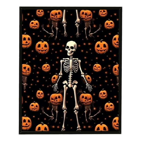 JRXY Canvas Wall Art Oil Painting with Framed Halloween Pumpkin Skeleton Bat Black Hallowmas 12x16in