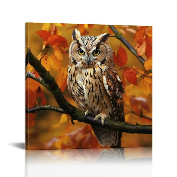 JRXY Canvas Wall Art Prints Painting Owl Birds Autumn Fall Maple Leaf Modern Frame Decor Living Room 12x12 16x16 in