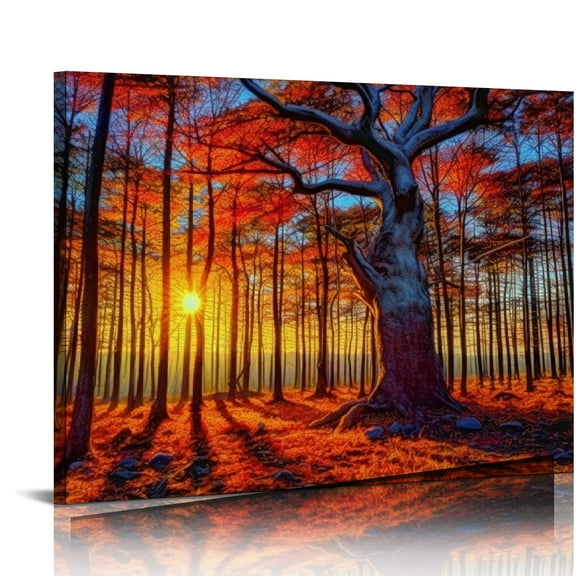 JRXY Canvas Wall Art Red Trees Forest Sunset Panoramic Fall Scenery Painting 20x16 inch - Contemporary Nature Picture for Home Office Wall Decor 20x16in