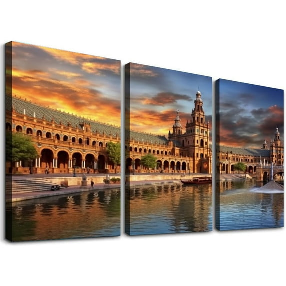 JRXY Canvas Wall Art Seville Spain Posters Pictures Wall Decor Landscape Canvas Prints、For Living Room、Bedroom、Office 12''x16''X3 Panels 12x16x3pcs
