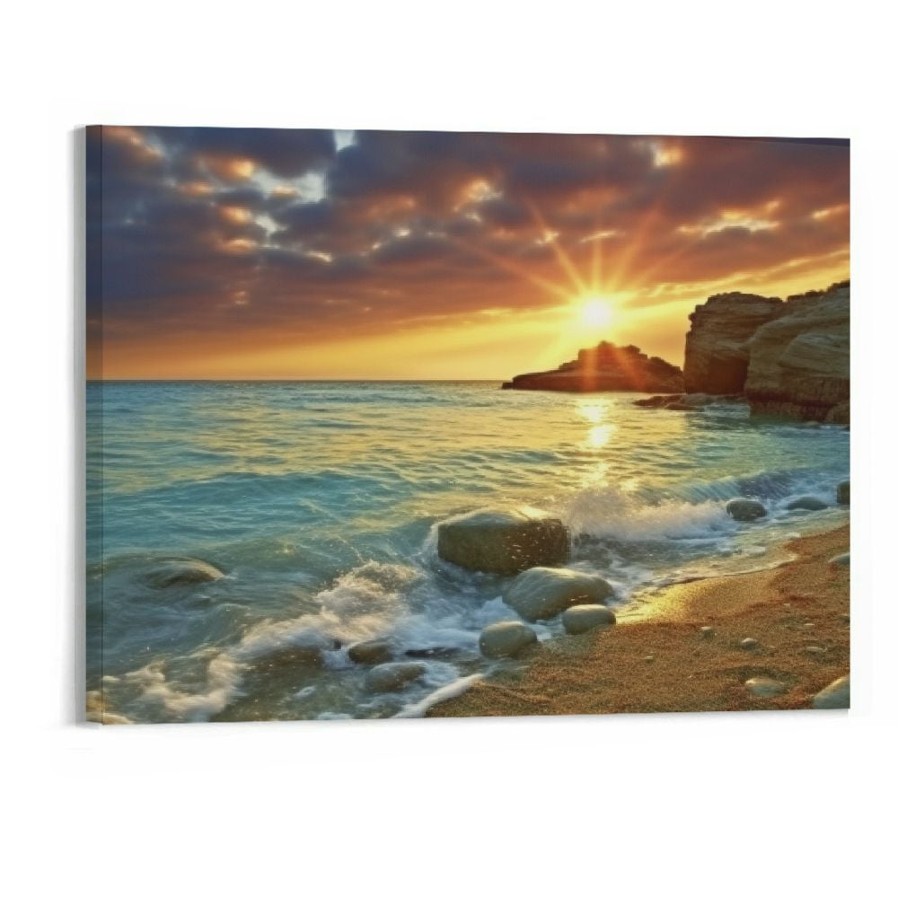 JRXY Canvas Wall Art Sunset Beach Blue Waves Ocean Art Large Modern ...