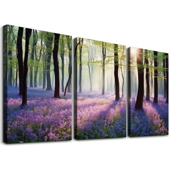 JRXY Canvas Wall Art Sunshine in Forests with Purple Lavender Flower Painting Print- Long Canvas Artwork Contemporary Nature Picture for Living Room Office12''x16''X3 Panels 12x16x3pcs