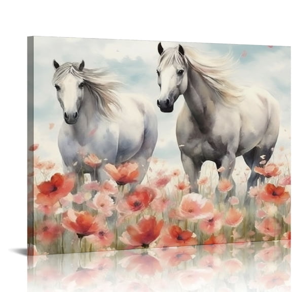 JRXY Canvas Wall Art White Horse In Flower Field Unframed Prints Painting Modern Abstract Canvas Oil Painting Wall Art Prints for Living Room Bedroom Home Office Decor Watercolor 20x16in